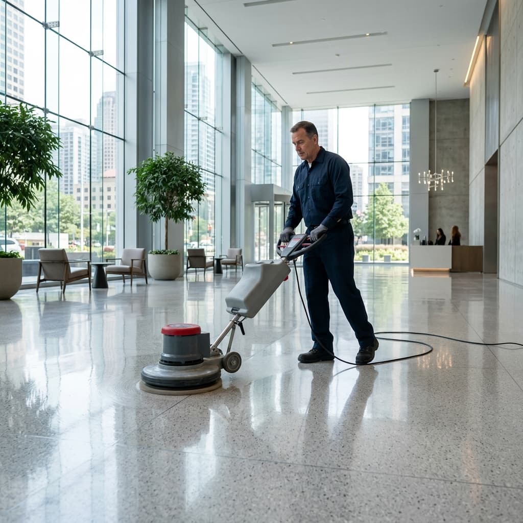 Professional janitor polishing a commercial hard floor in Central MA