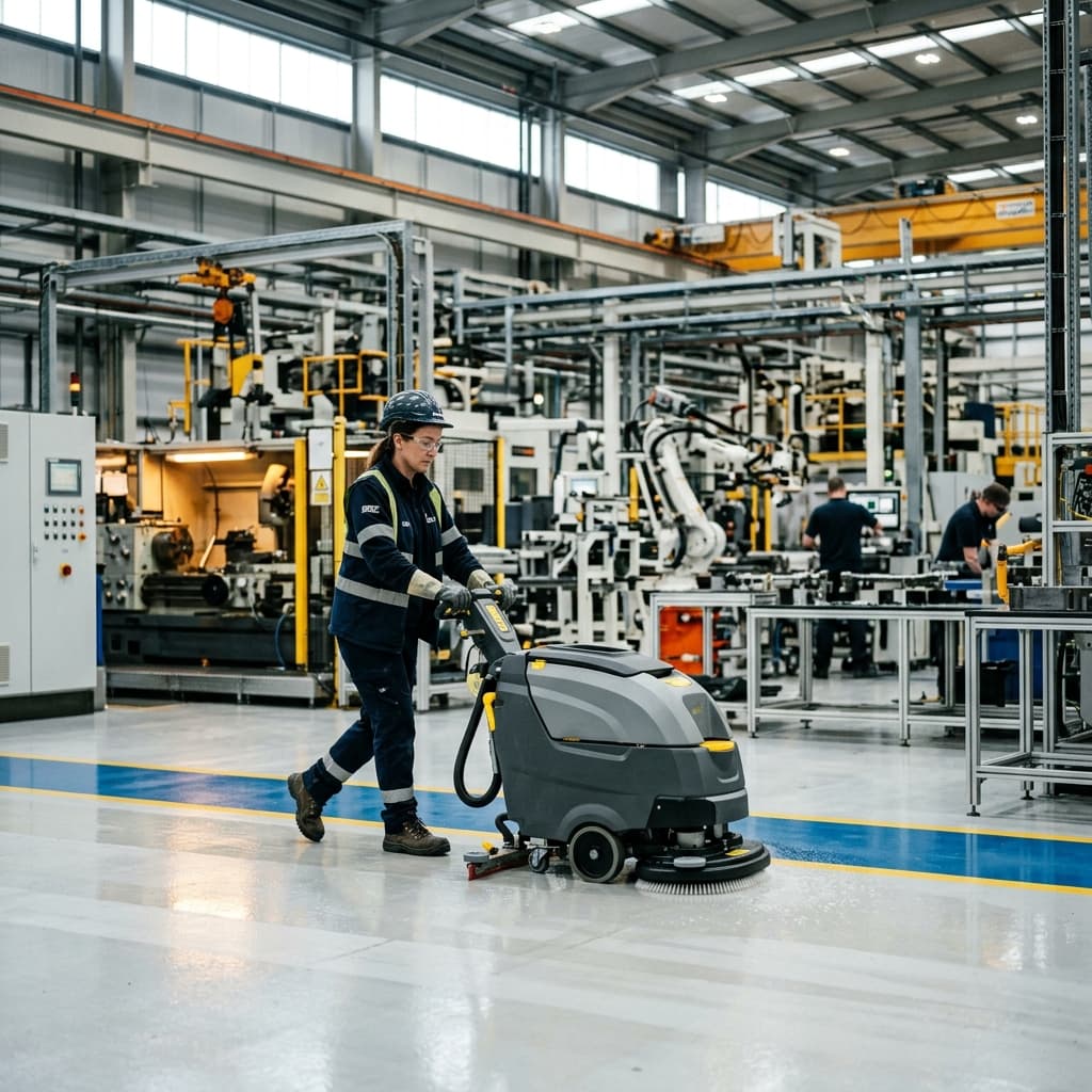 Professional industrial cleaning in a modern manufacturing plant in Central MA